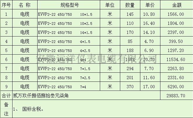 铠装控制电缆报价表